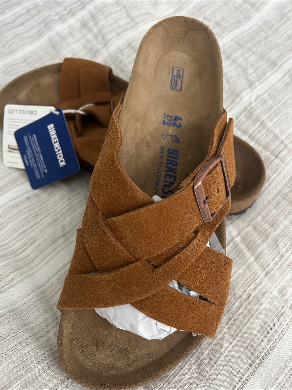 Birkenstock Suede Cross-Strap Sandals in Chestnut Brown